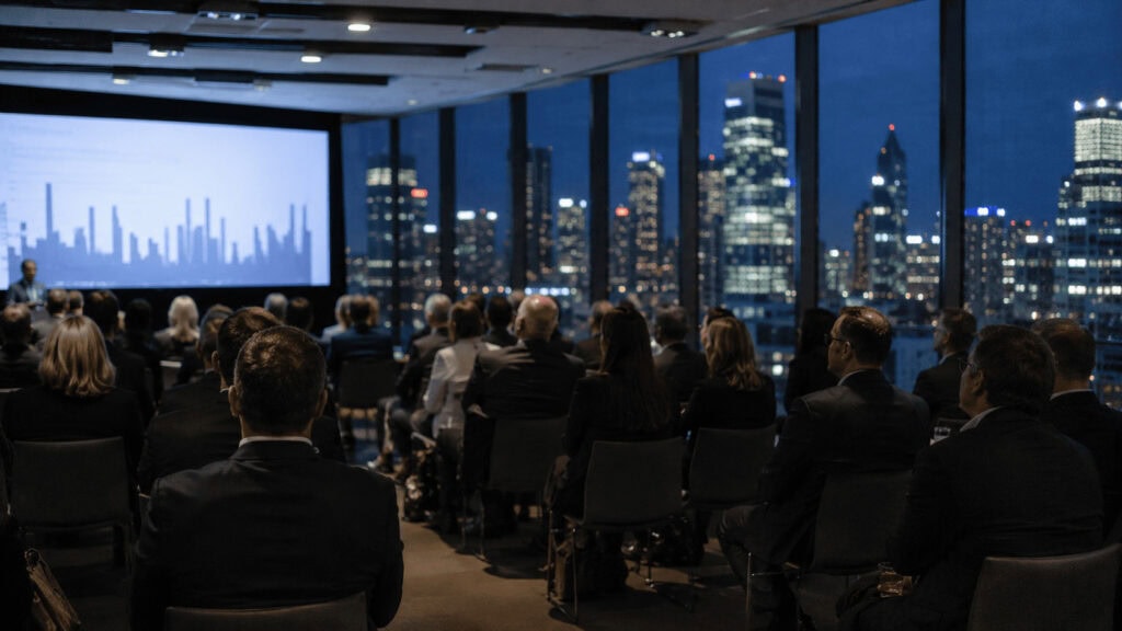 Investors seated in a high-rise corporate event space at night watching a large presentation screen, city skyline visible through the windows.