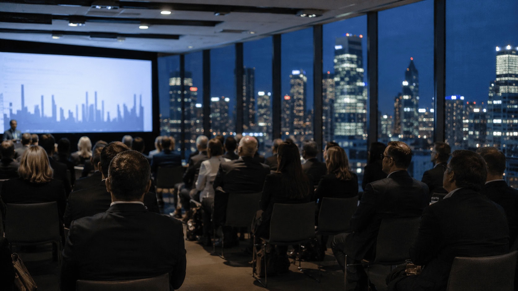 Investors seated in a high-rise corporate event space at night watching a large presentation screen, city skyline visible through the windows.