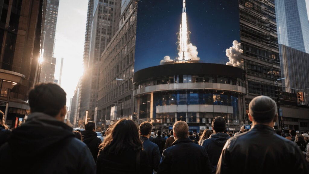 Crowd gathered outside the Nasdaq MarketSite in New York City on the morning of a major IPO listing.