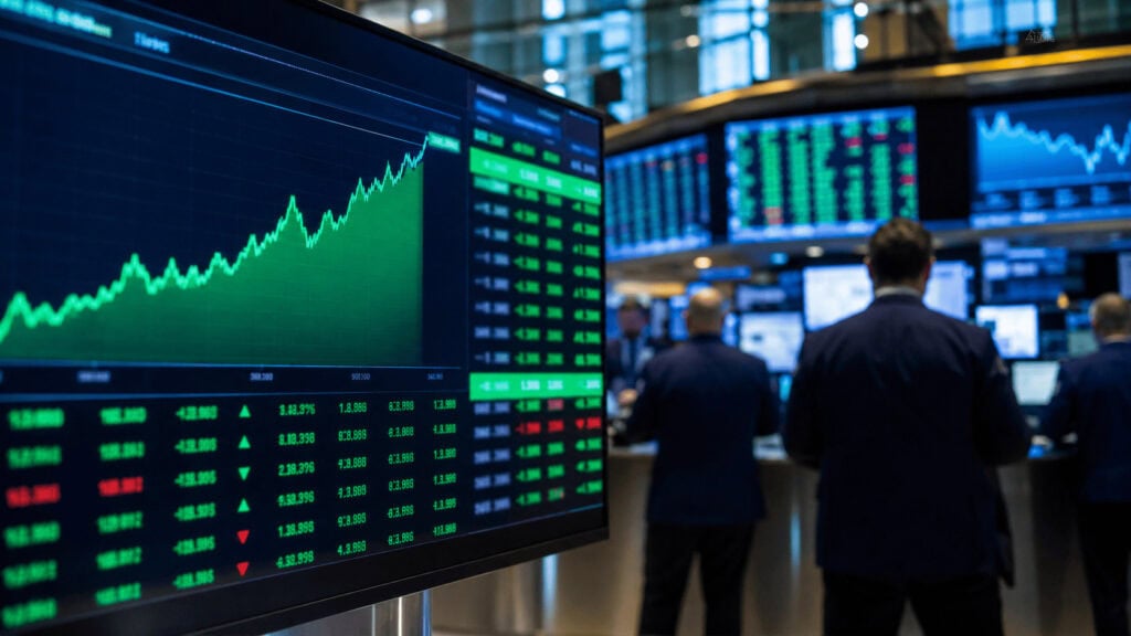 A glowing electronic stock ticker board showing rising numbers and an upward chart line inside a trading hall, with blurred traders in the background.
