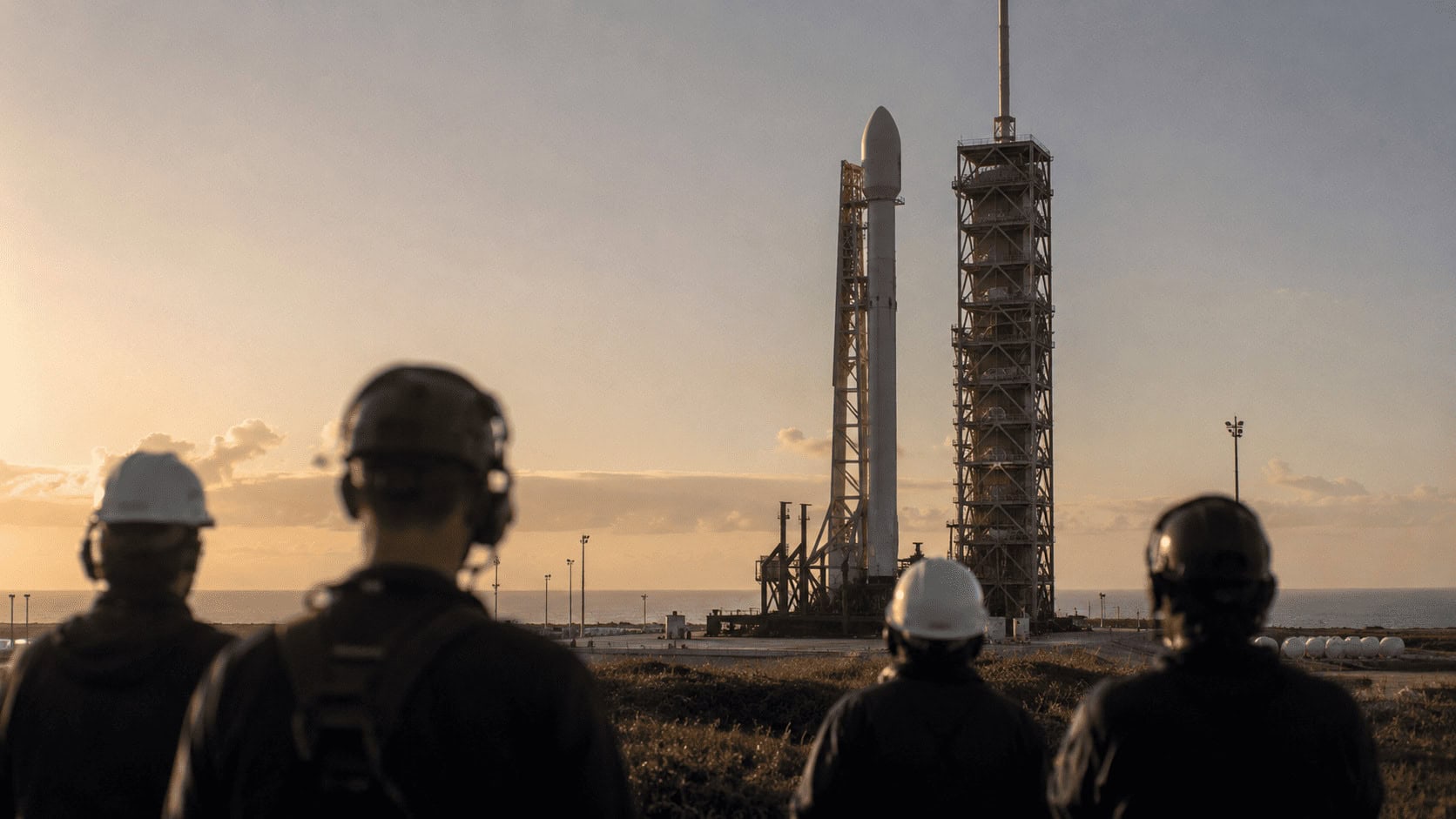 A white rocket stands on a coastal launch pad at sunset while launch-crew technicians are silhouetted in the foreground.