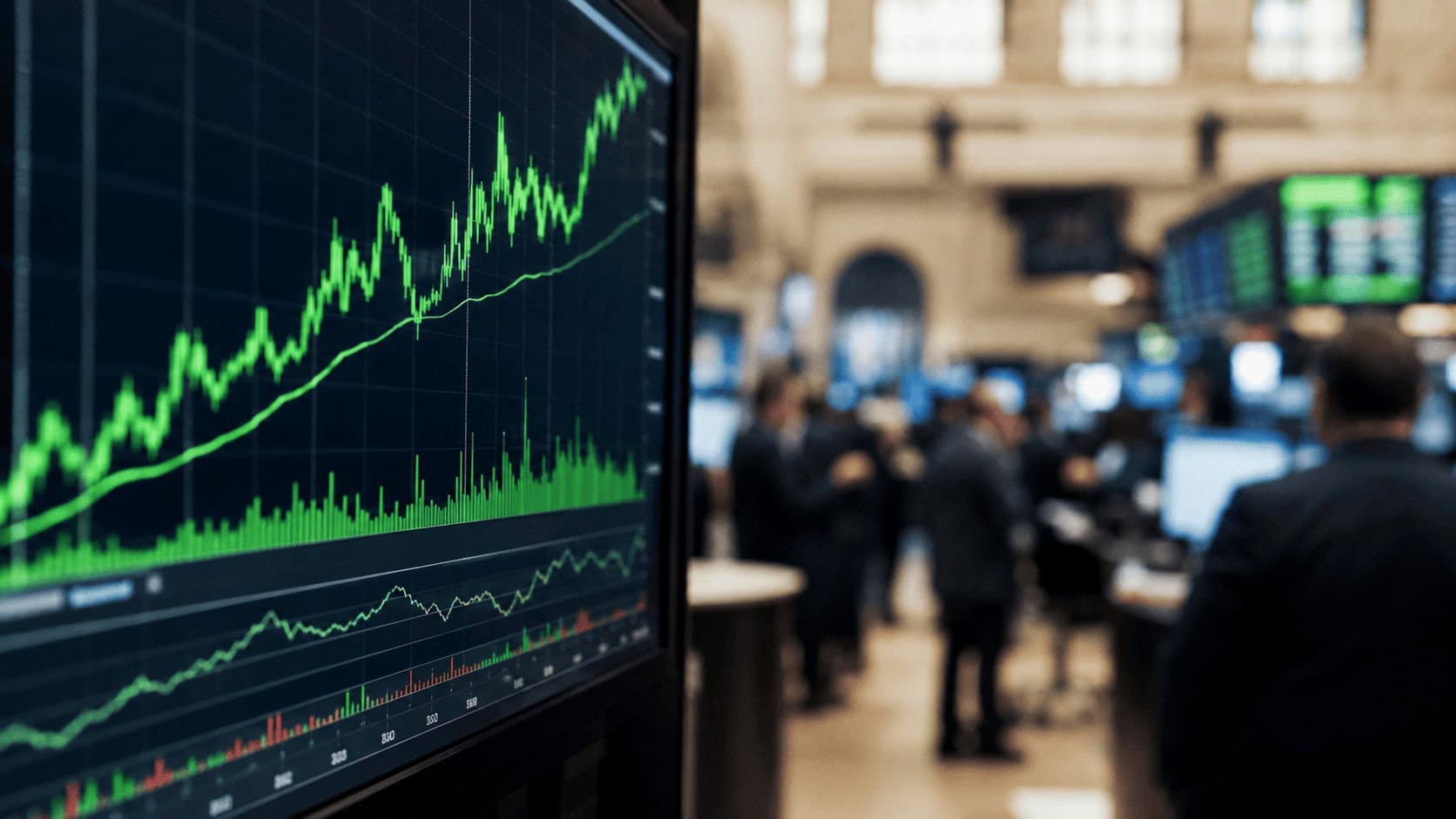 Trading floor display showing rising green stock charts with blurred traders in the background.