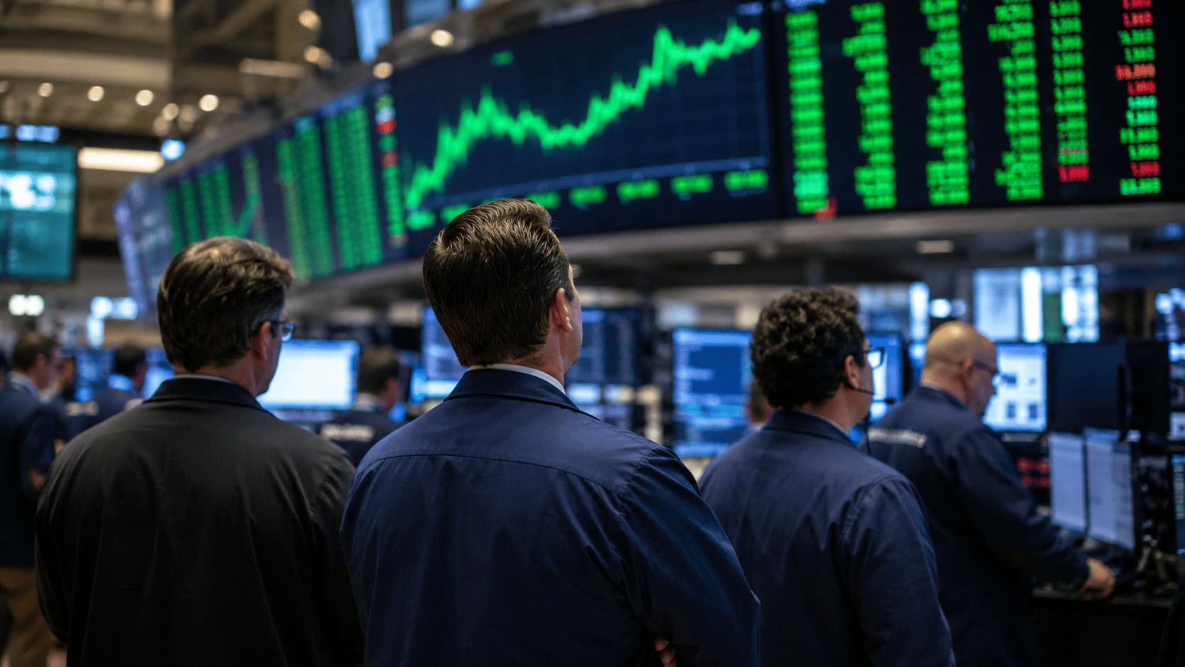 Traders on a stock exchange floor watching a digital ticker board showing rising share prices.
