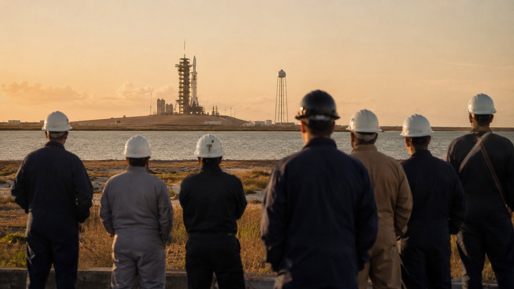 Aerospace workers seen from behind watching a distant rocket on a launch pad at sunset.