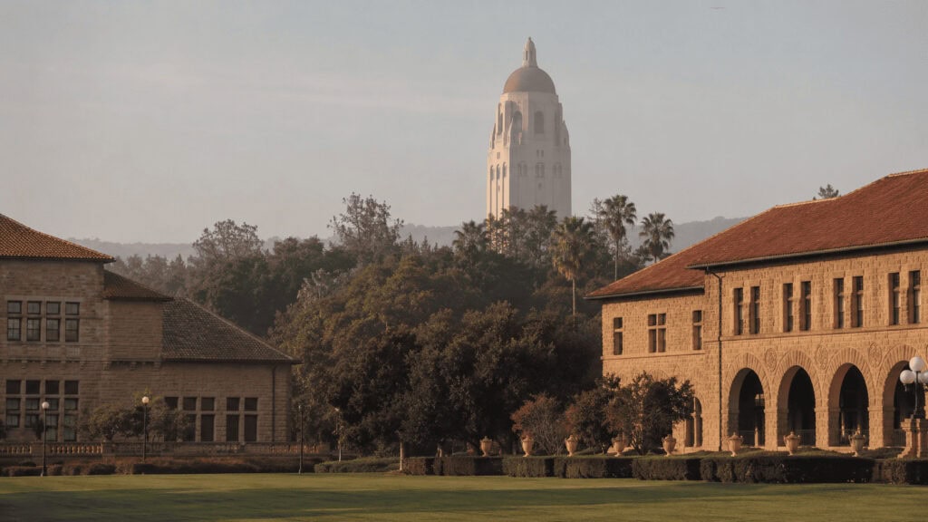 Stanford University's Hoover Tower above the campus, illustrating a story on Stanford HAI's 2026 AI Index report.