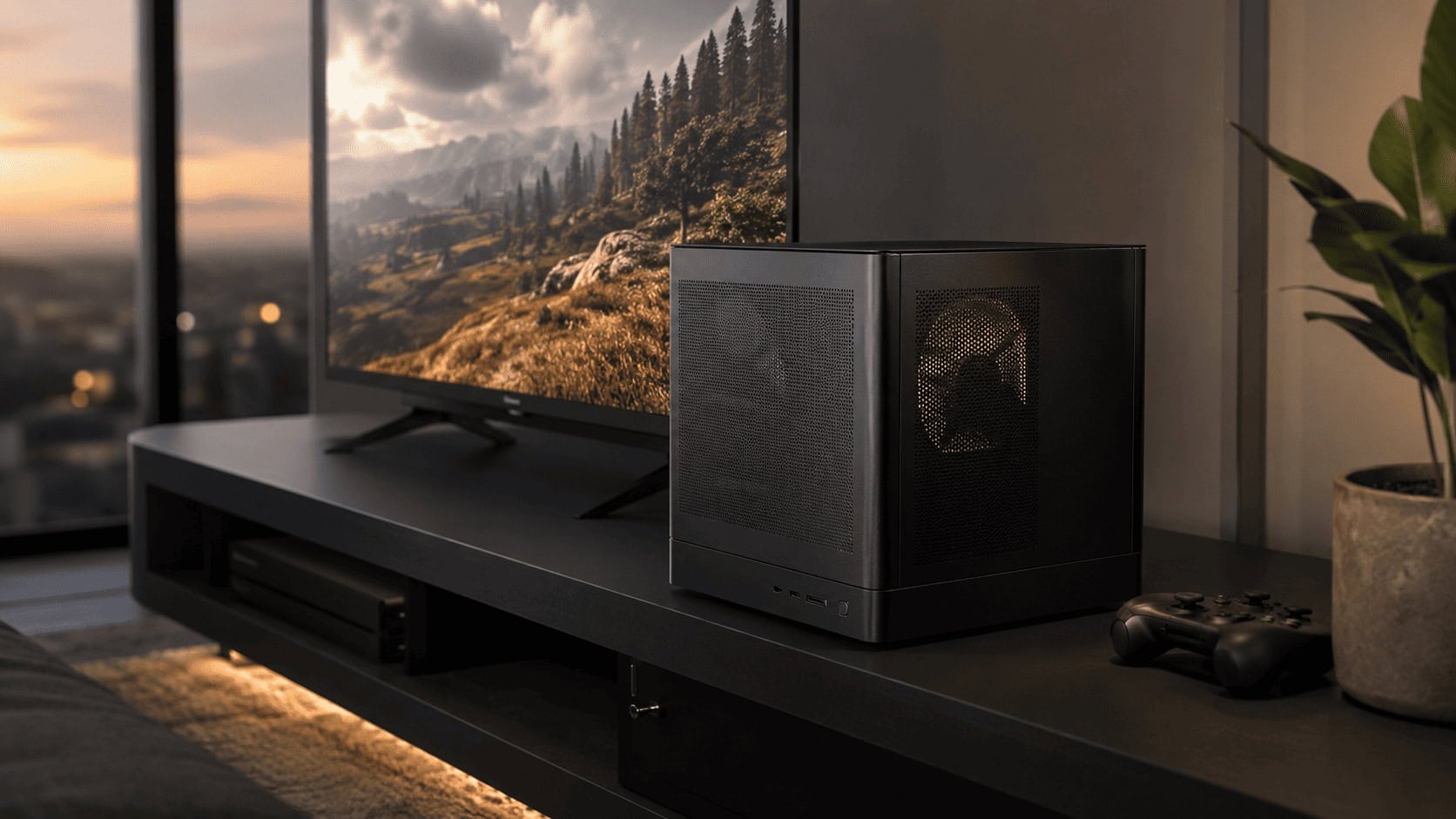 Modern gaming PC with monitor and controller in a stylish room.