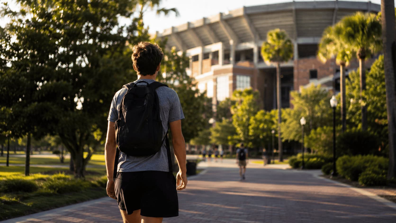 A young person in athletic apparel walks along a brick campus path toward a large university stadium framed by trees in soft afternoon light.
