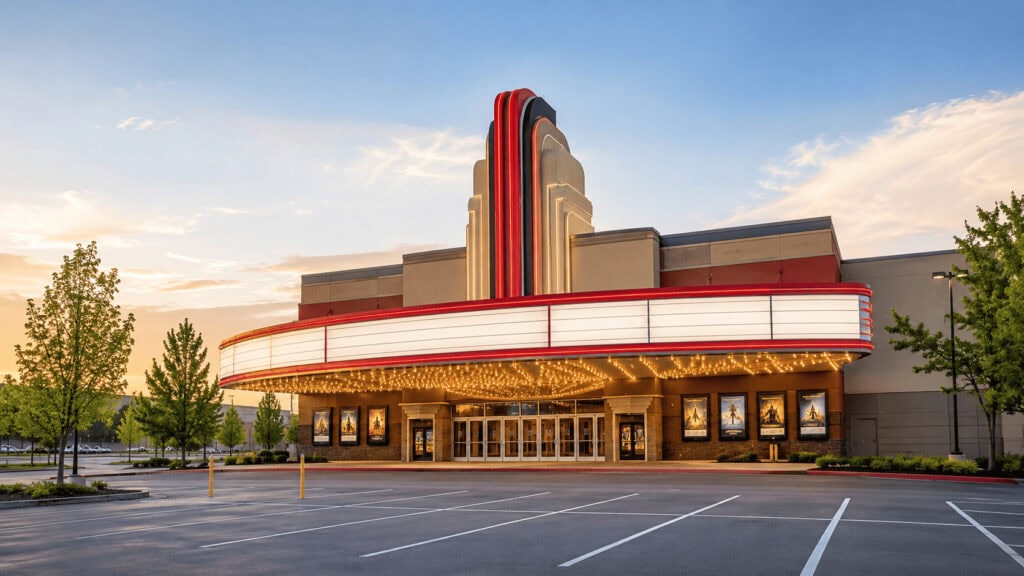 Empty cinema marquee at dusk illustrating Supergirl's soft box office opening