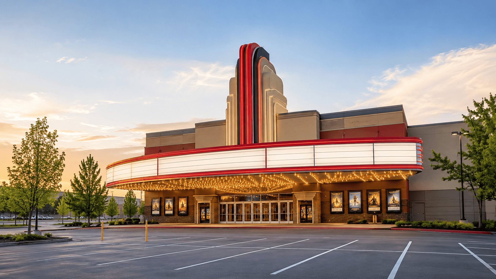 Empty cinema marquee at dusk illustrating Supergirl's soft box office opening