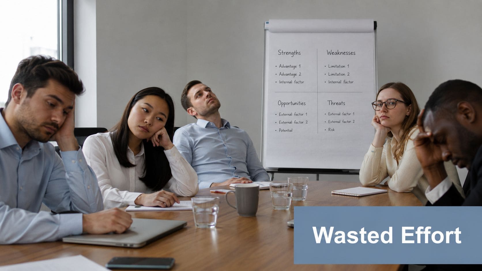 A group of bored office workers sitting around a conference table during a dull SWOT analysis meeting.