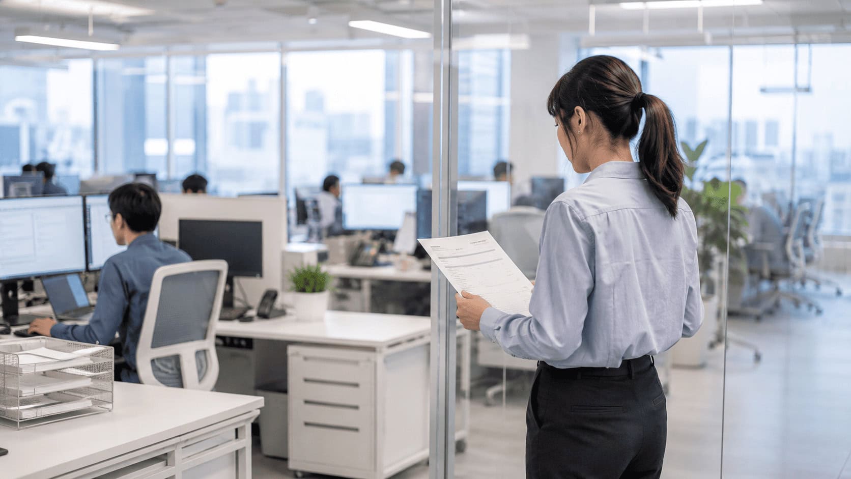 A manager reviews a printed invoice at a glass office wall while engineers work at monitors in the background.