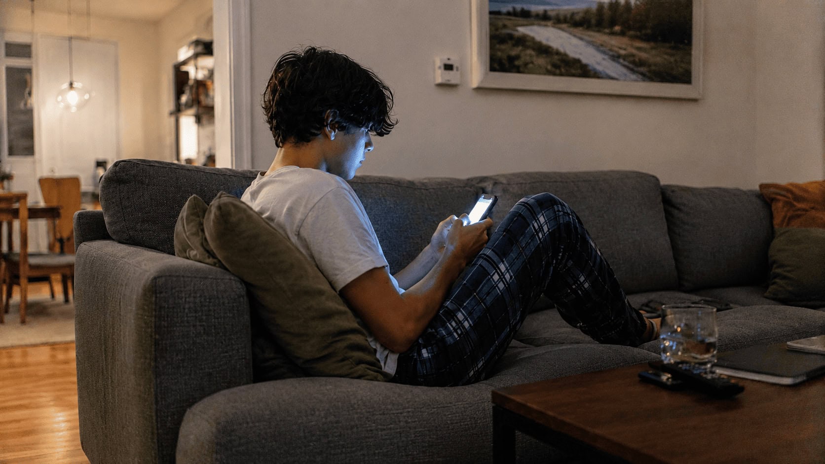 A teenager sits alone on a sofa at night, face lit by the glow of a smartphone held close.