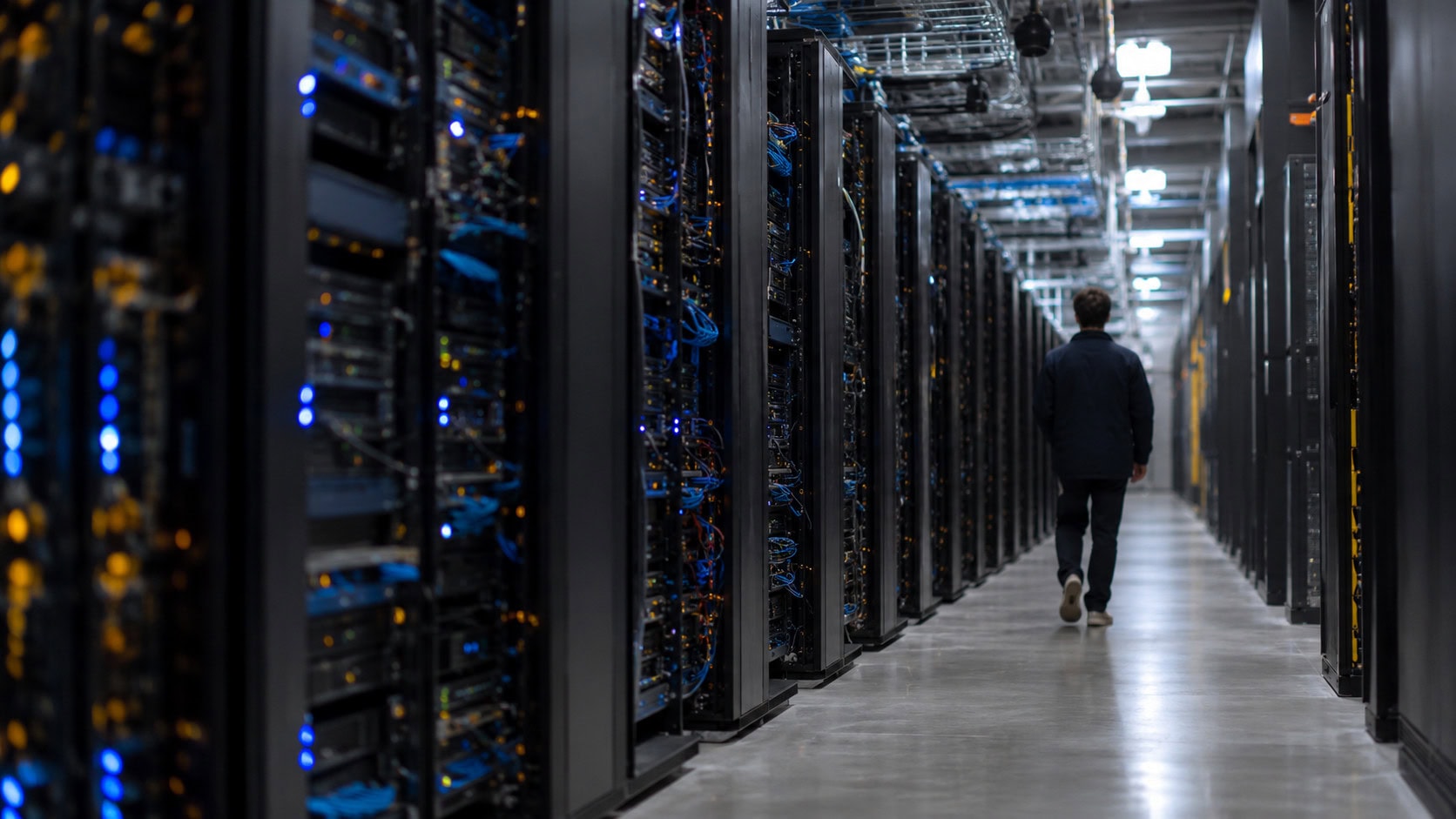 Rows of illuminated server racks inside a data center with a single technician walking the aisle.