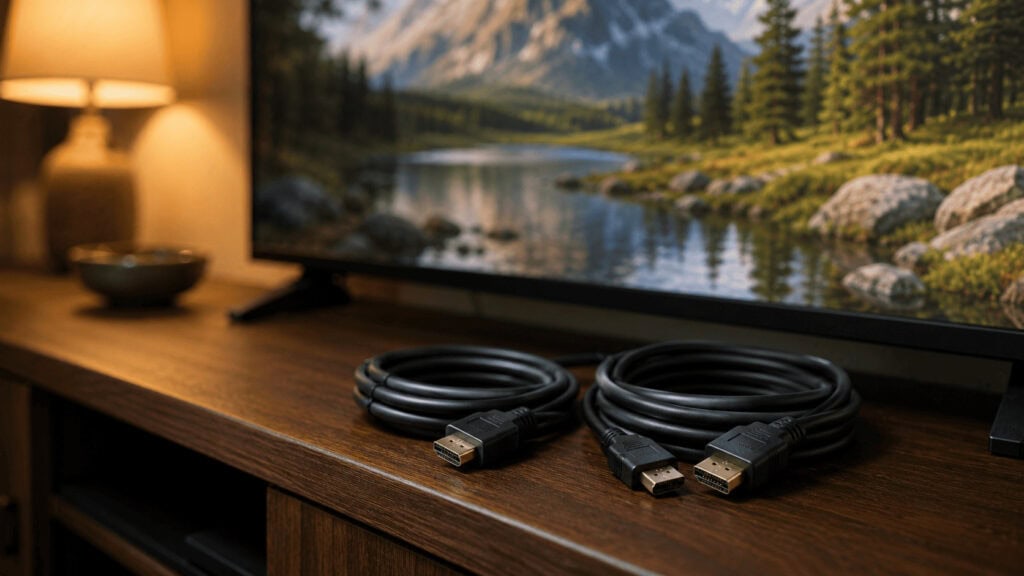 A single coiled Thunderbolt cable on a grey surface next to a loose pile of ordinary USB-C cables.