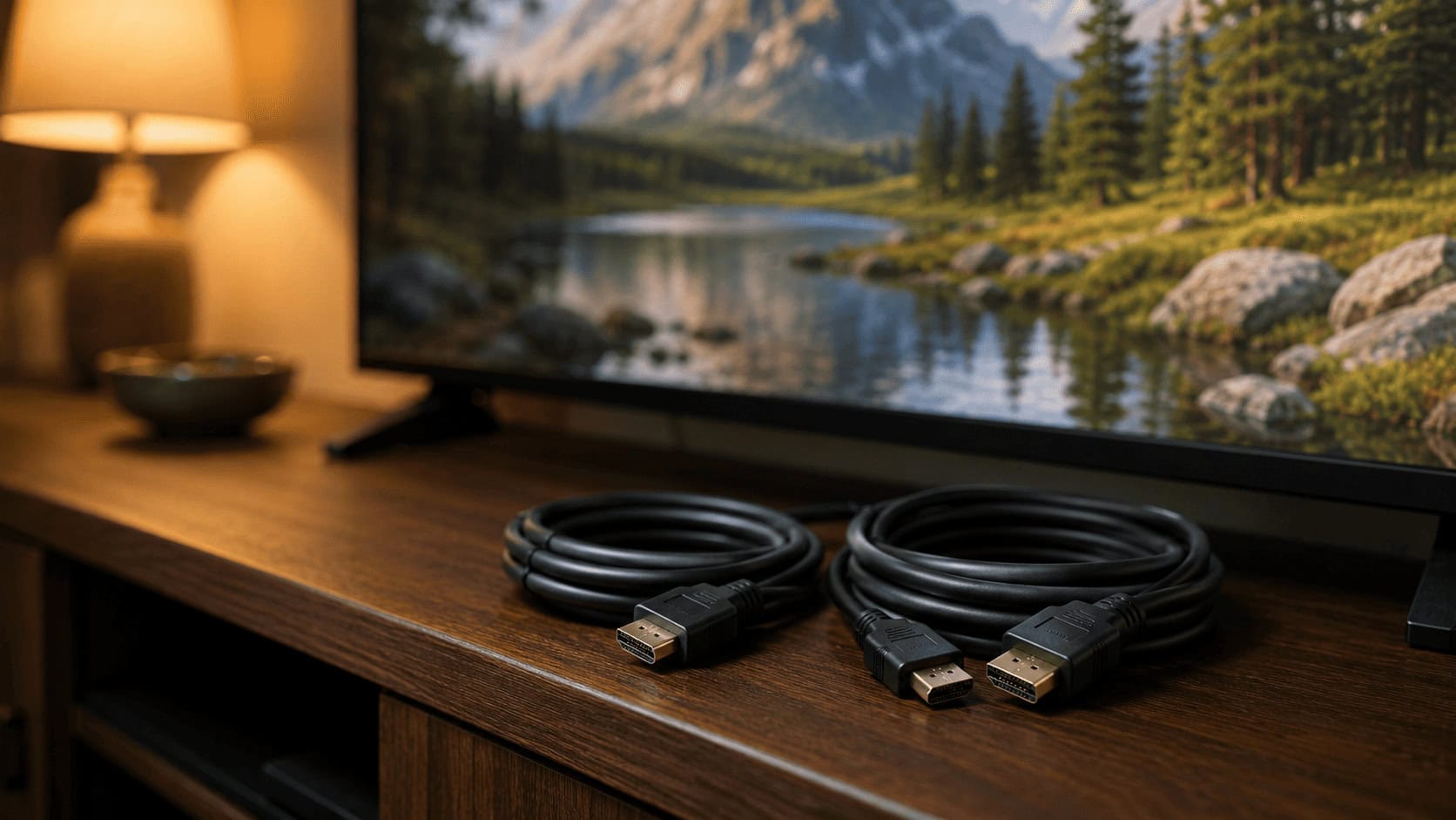 A single coiled Thunderbolt cable on a grey surface next to a loose pile of ordinary USB-C cables.