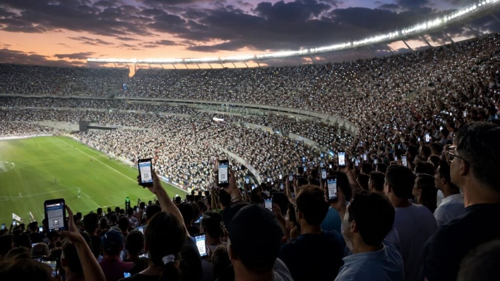 Fans entering a sold-out stadium, illustrating the secondary ticket resale market.