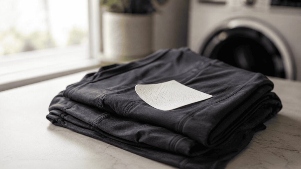 A small white flexible detergent tile resting on a folded stack of dark clothing on a laundry-room surface.