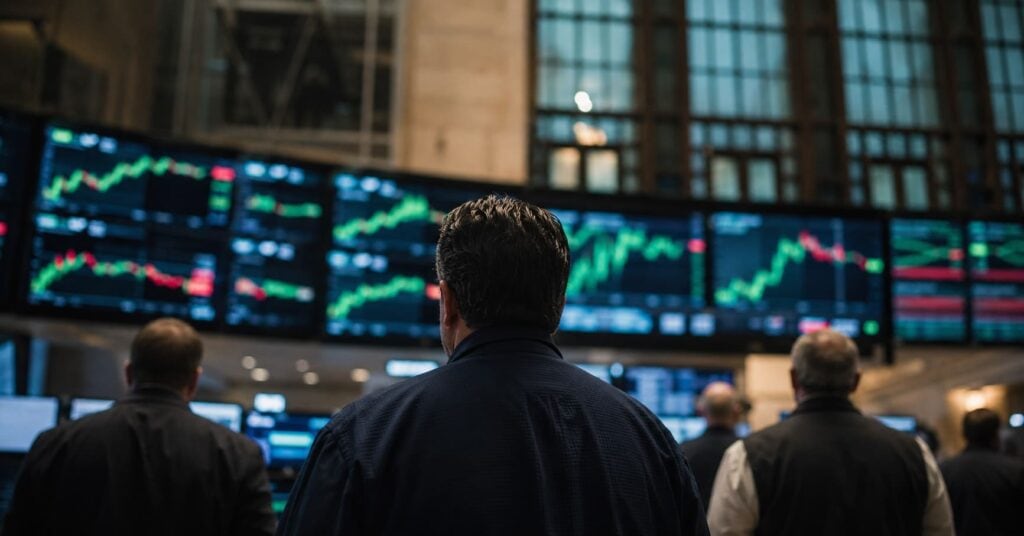 Traders watching glowing stock ticker screens on an exchange floor, illustrating the trillion dollar era of mega-company valuations.