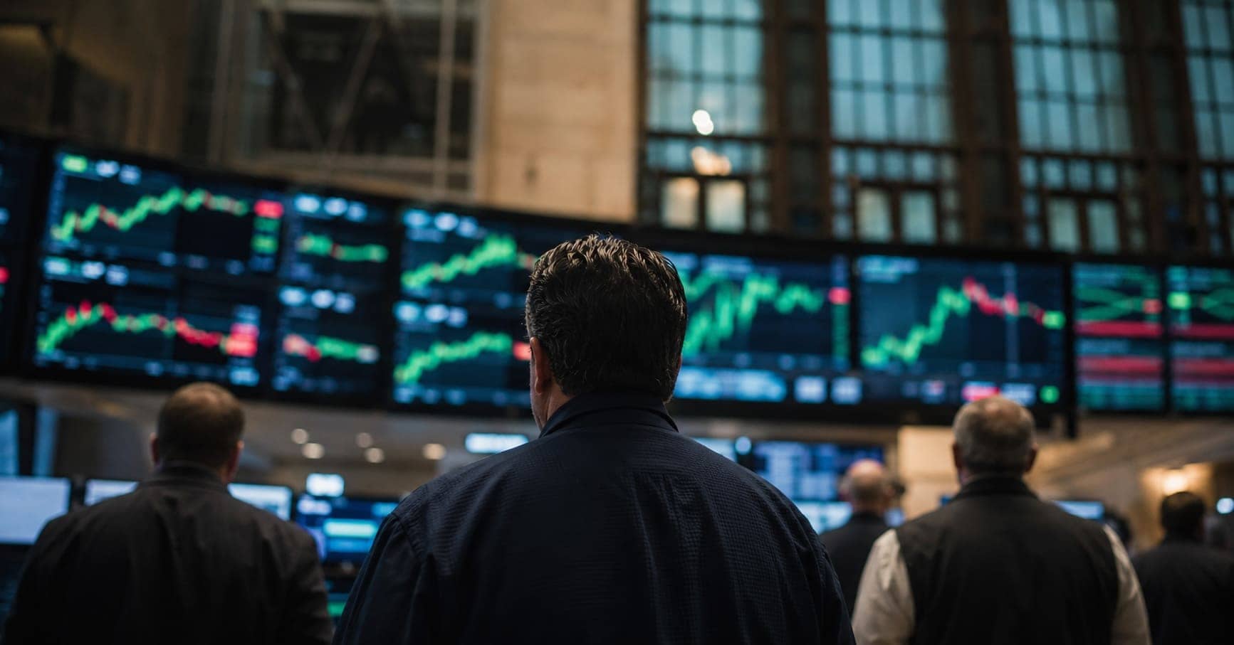 Traders watching glowing stock ticker screens on an exchange floor, illustrating the trillion dollar era of mega-company valuations.
