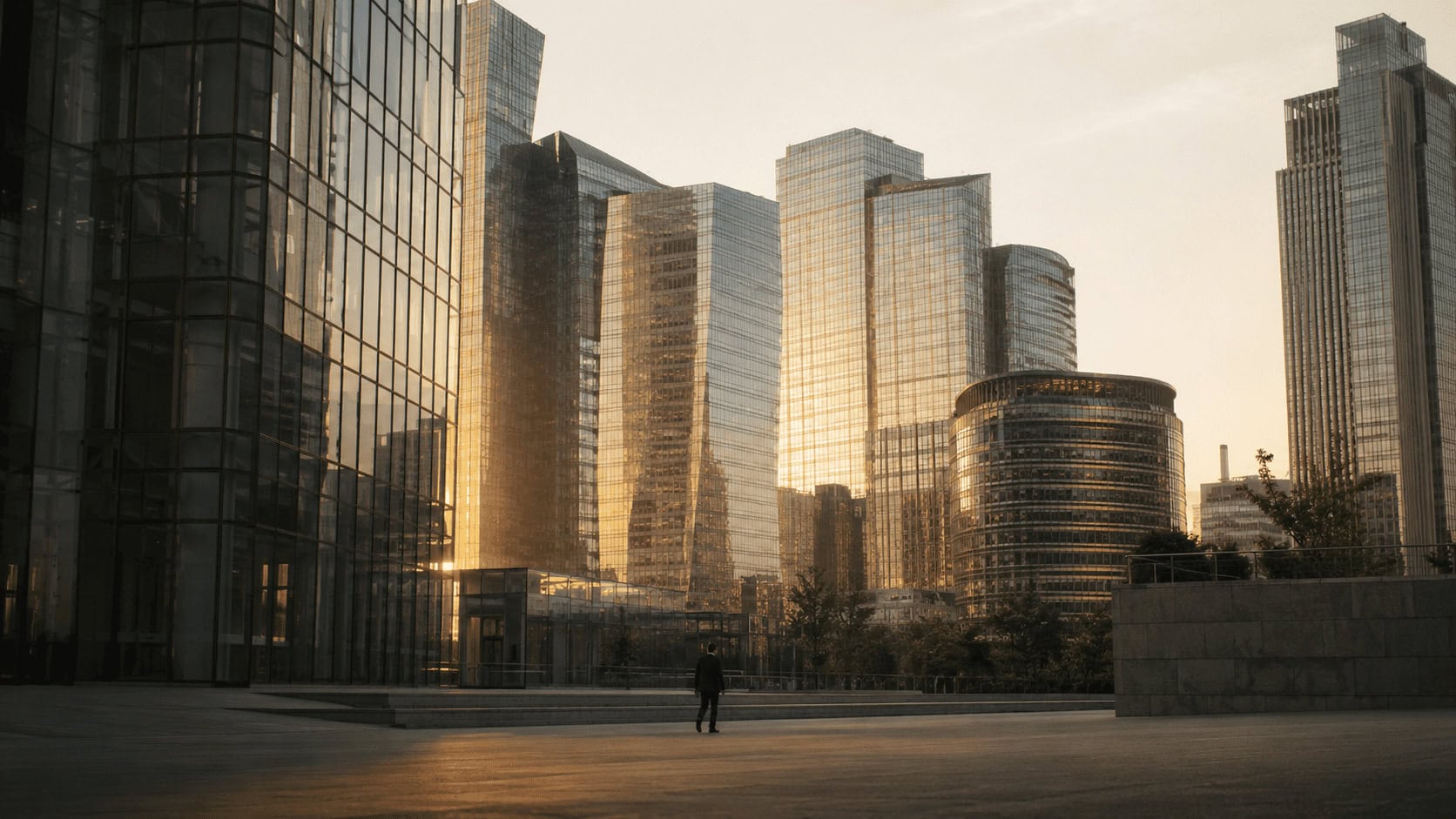 A glass-and-steel financial district skyline at golden hour with a small lone figure in a suit walking past towering office buildings.