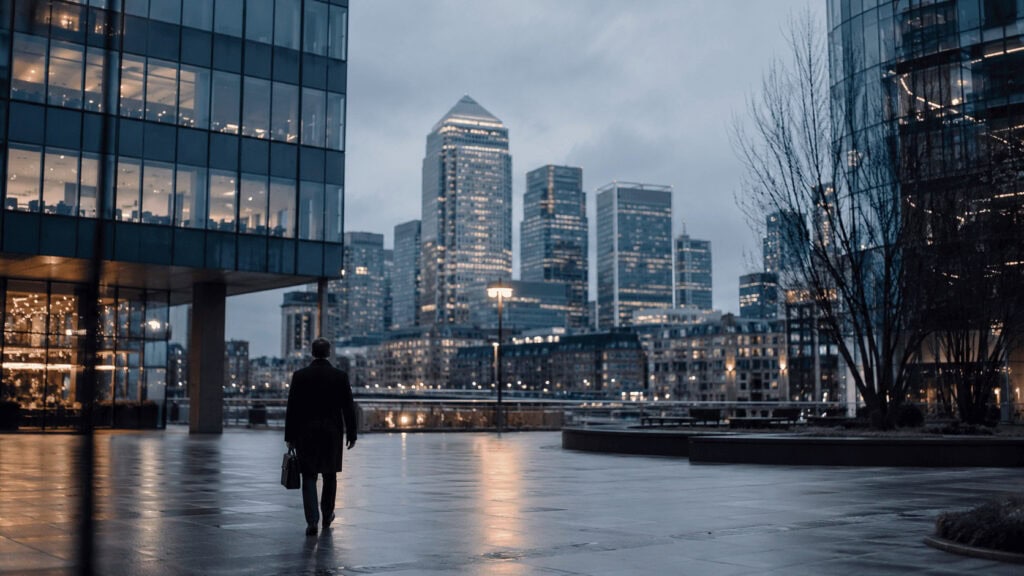 Glass office towers in a European banking district at dusk with a lone figure walking across an empty plaza.