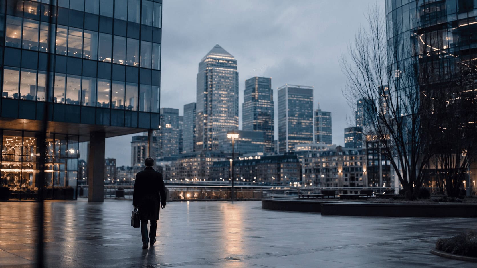 Glass office towers in a European banking district at dusk with a lone figure walking across an empty plaza.