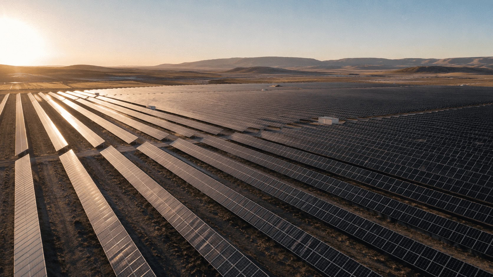 Aerial view of long rows of solar panels stretching across an open dry landscape toward distant hills under a clear sky.