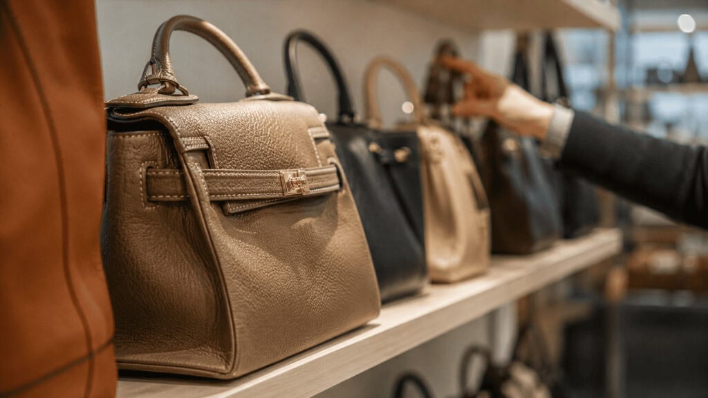 A row of secondhand designer leather handbags displayed on a boutique shelf while a shopper reaches toward one in the background.