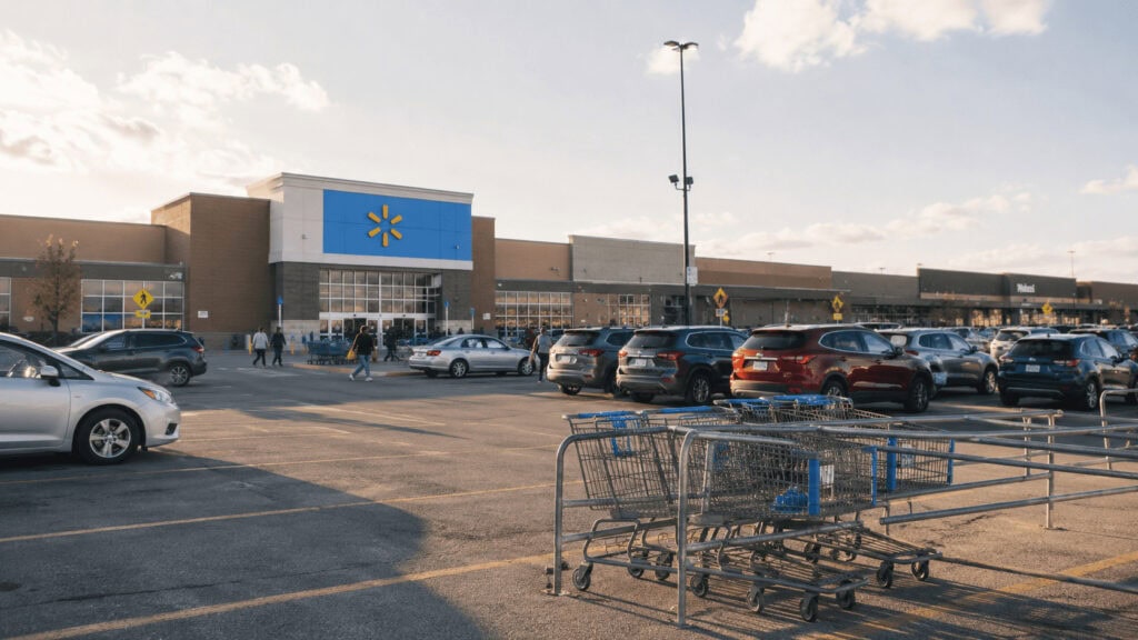 Exterior of a Walmart store at dusk with a busy parking lot and shopping carts in the foreground.