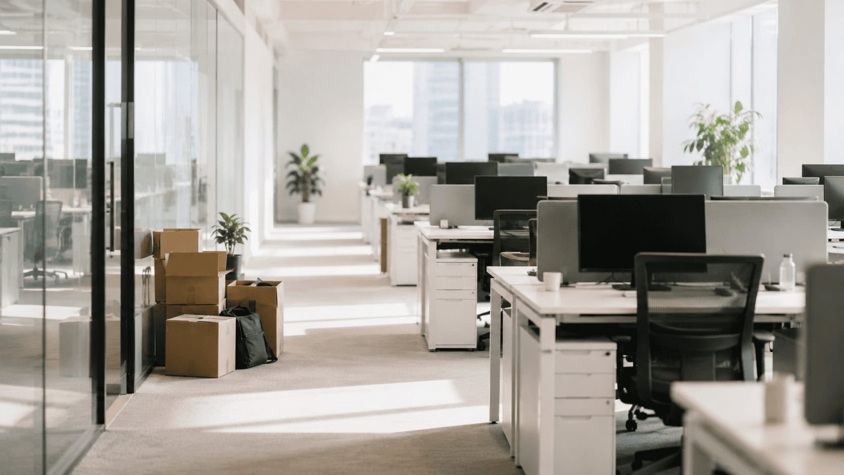 Empty desks with darkened monitors and a few packed cardboard boxes in a modern open-plan office at dusk.