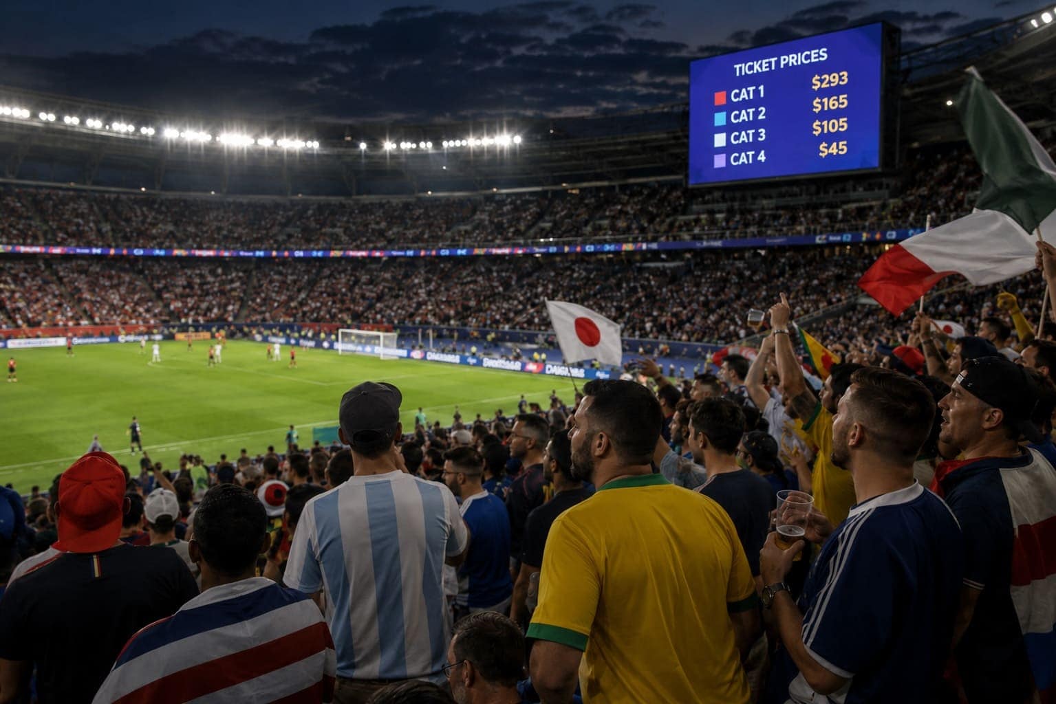 Fans fill a 2026 World Cup stadium at dusk as ticket prices hit record highs