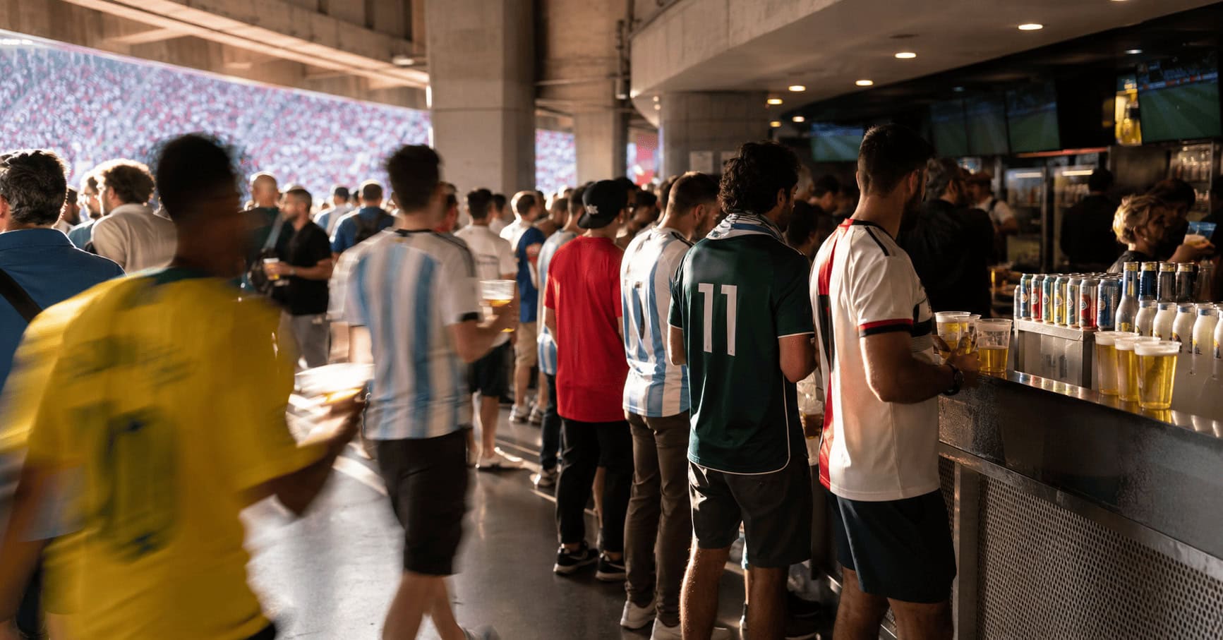 Soccer fans line up at a stadium concession beer stand during a break in a World Cup match.