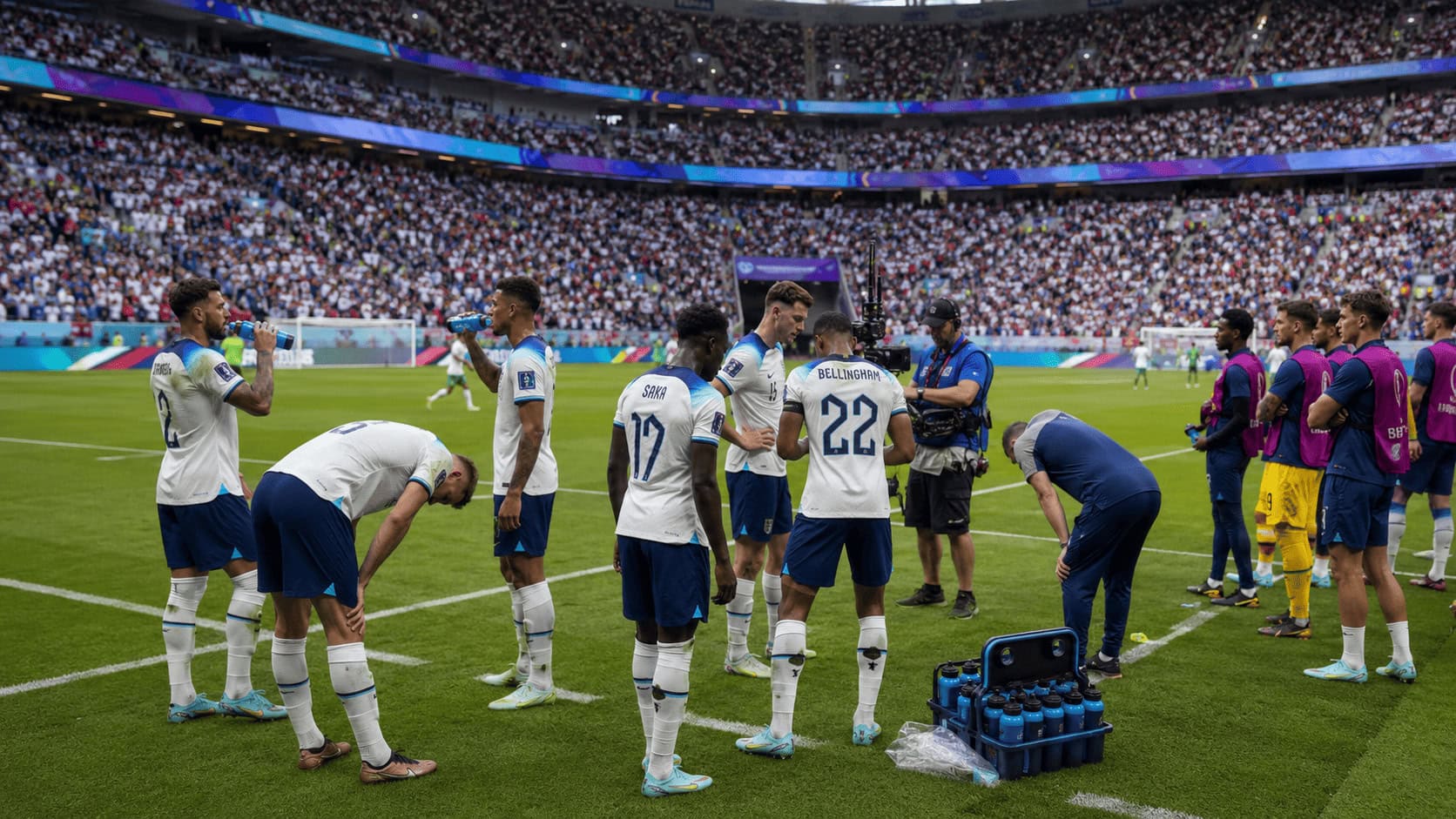 Players take a hydration break at the touchline during a 2026 World Cup match as stadium advertising boards glow behind them.