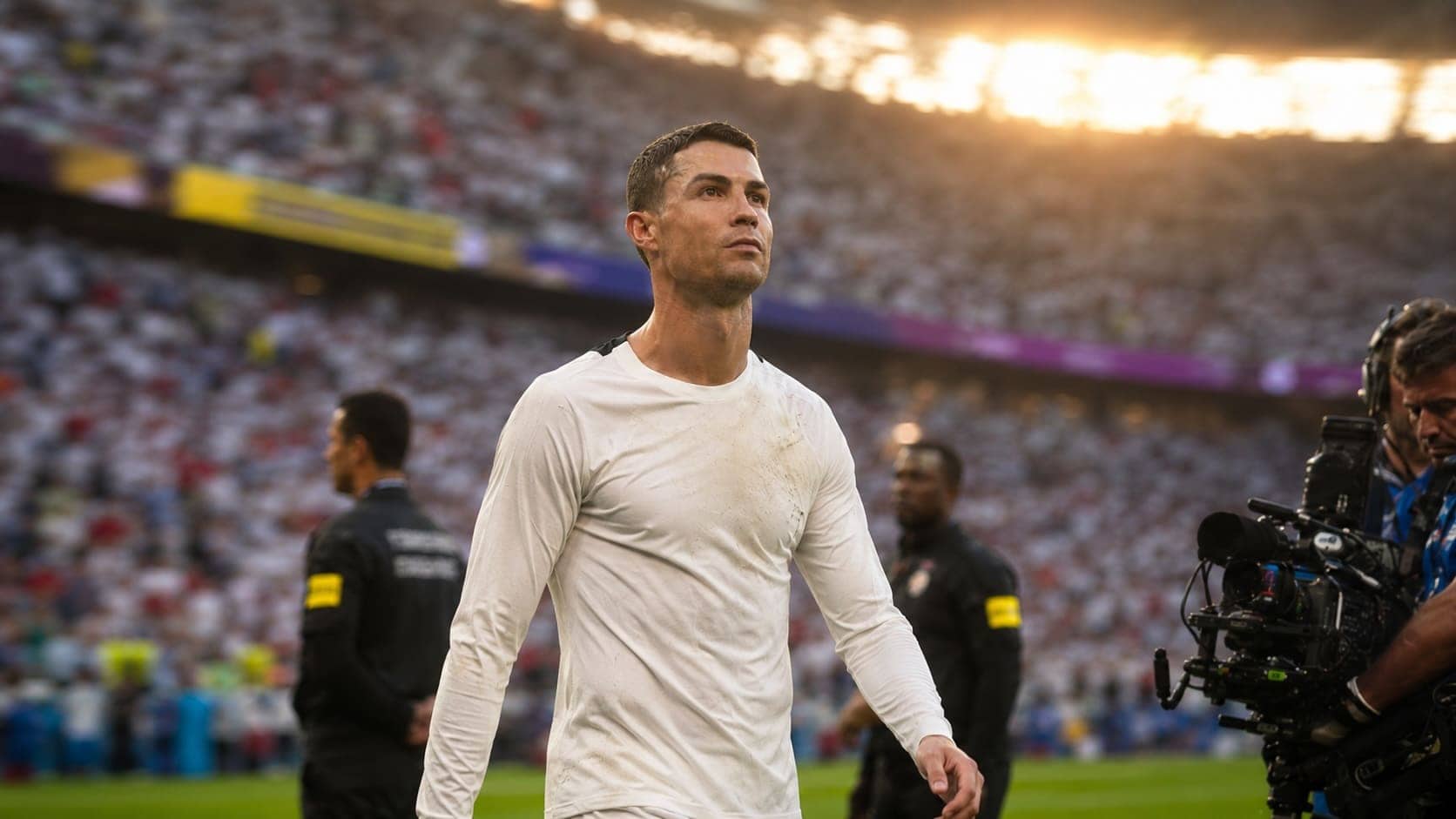 A footballer leaving the pitch at a packed World Cup stadium under floodlights