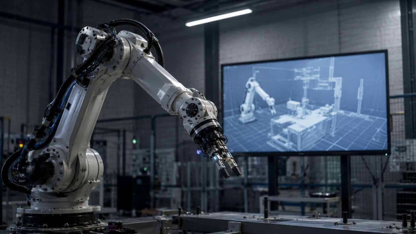 Articulated industrial robot arm mid-motion beside a monitor showing a wireframe 3D simulation of the same workspace.
