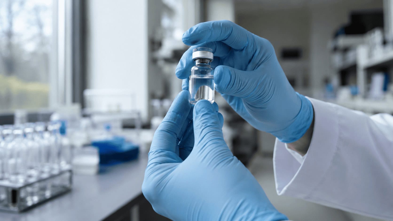 Researcher holding a vial in a clinical lab, representing the pharmaceutical race to commercialize 5-MeO-DMT