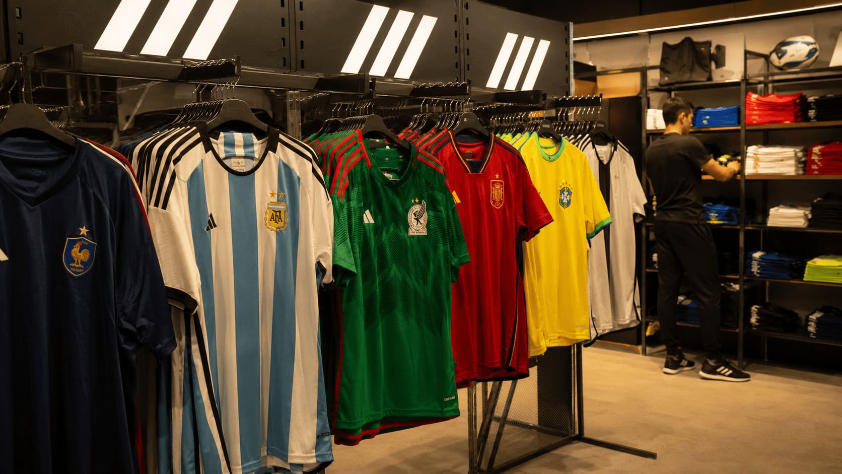 Adidas store display of World Cup national team jerseys.