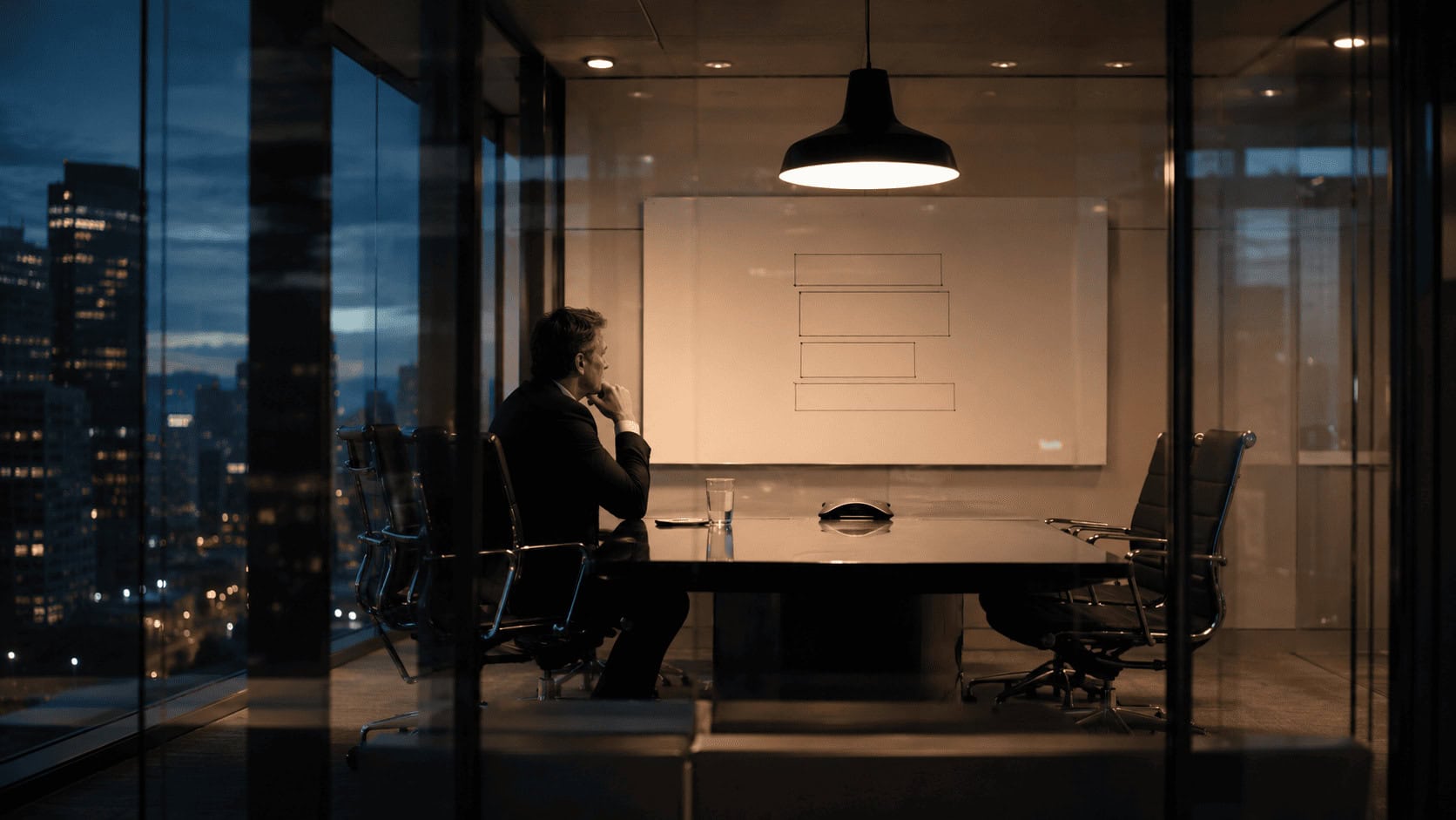 Executive sitting alone in a glass conference room at dusk facing an empty chair, with four unequal rectangles drawn on a whiteboard behind them.