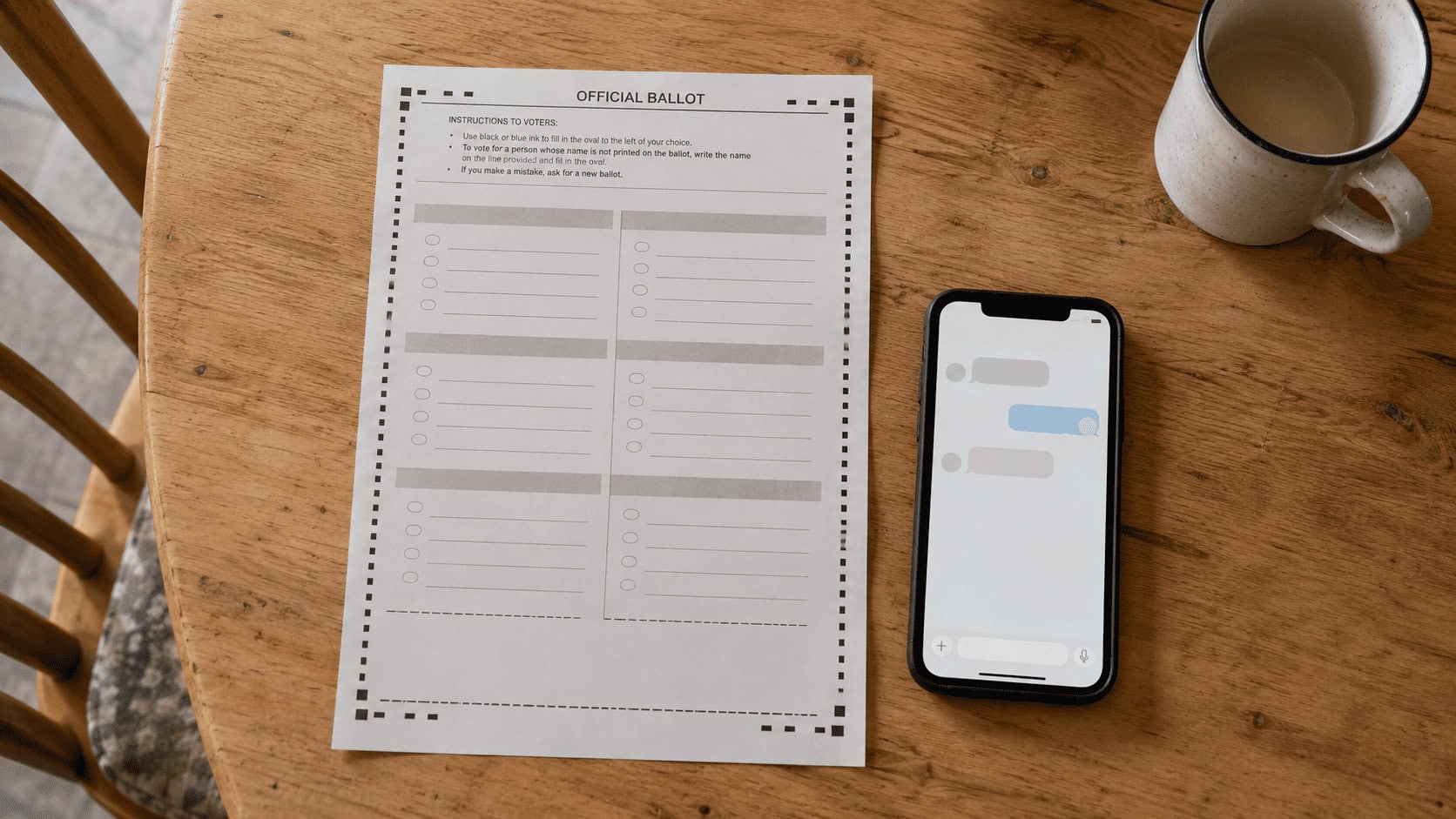 A ballot on a table beside a smartphone showing an AI chat interface.