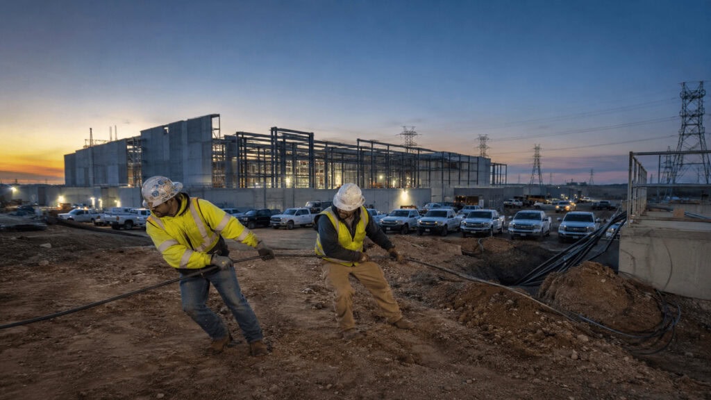 Electricians pulling cable at a hyperscale data center construction site at golden hour, with transmission towers on the horizon.