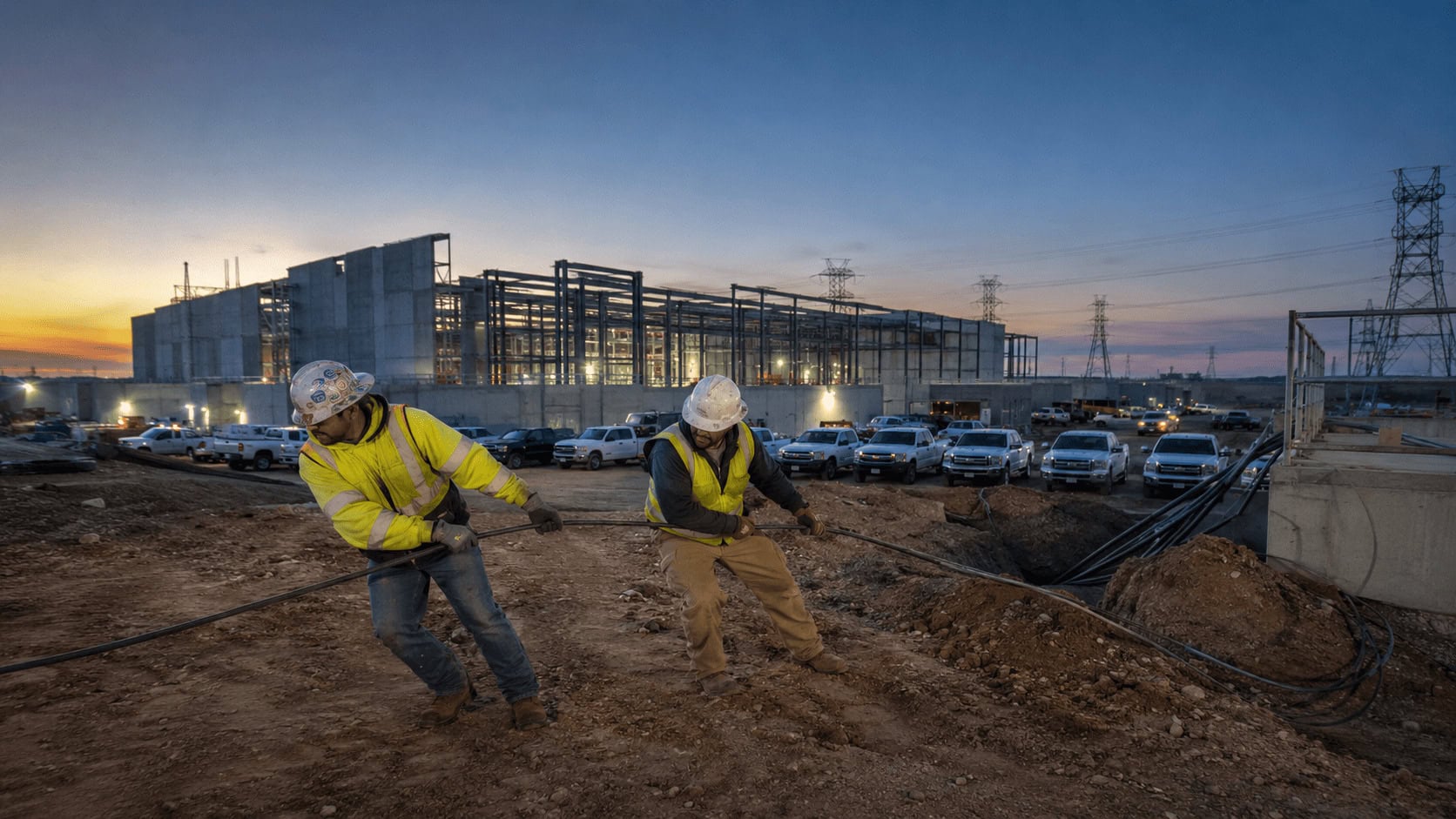 Electricians pulling cable at a hyperscale data center construction site at golden hour, with transmission towers on the horizon.