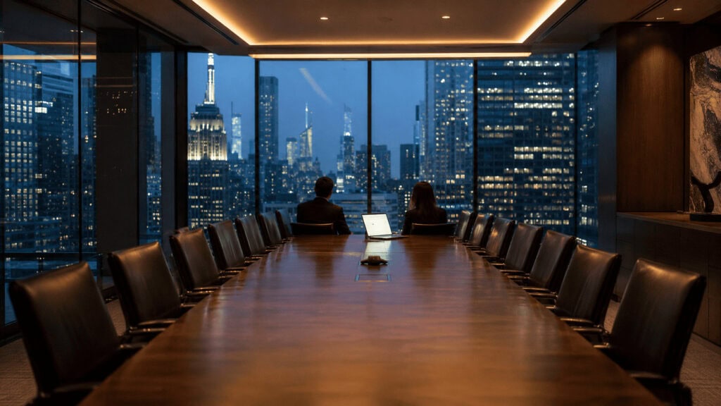 Near-empty Big Law conference room at dusk with two lawyers at a long table