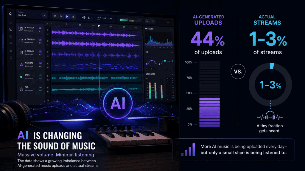Bar chart comparing AI music upload share versus streaming share, showing AI at 44% of uploads but only 1 to 3% of plays