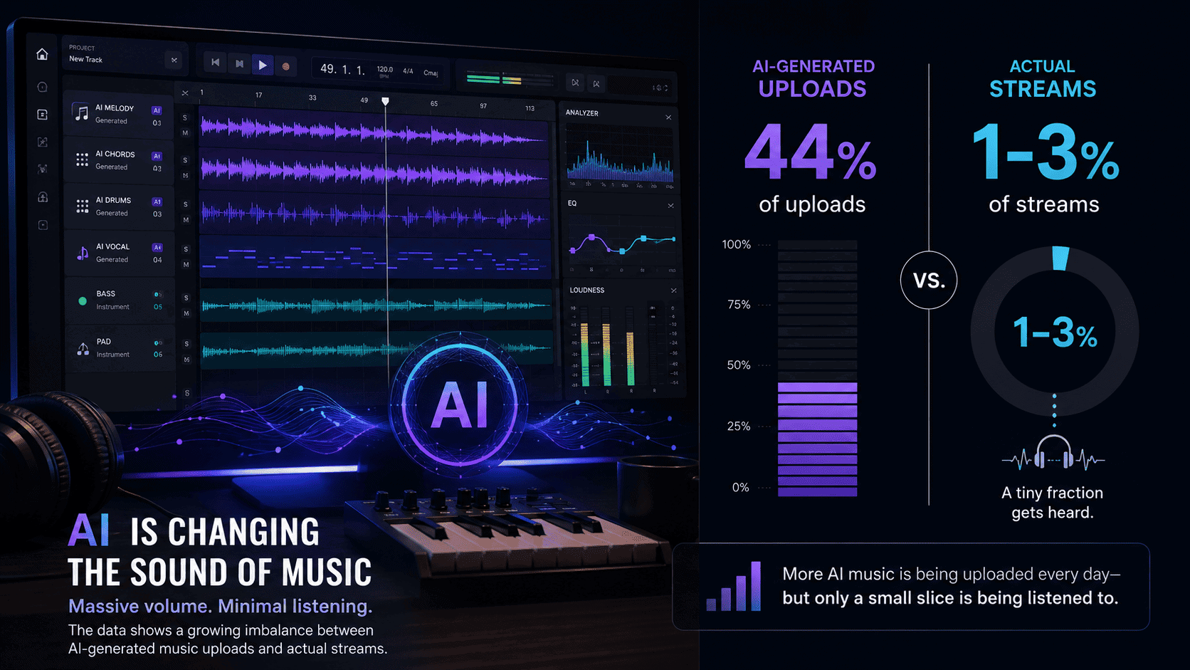 Bar chart comparing AI music upload share versus streaming share, showing AI at 44% of uploads but only 1 to 3% of plays