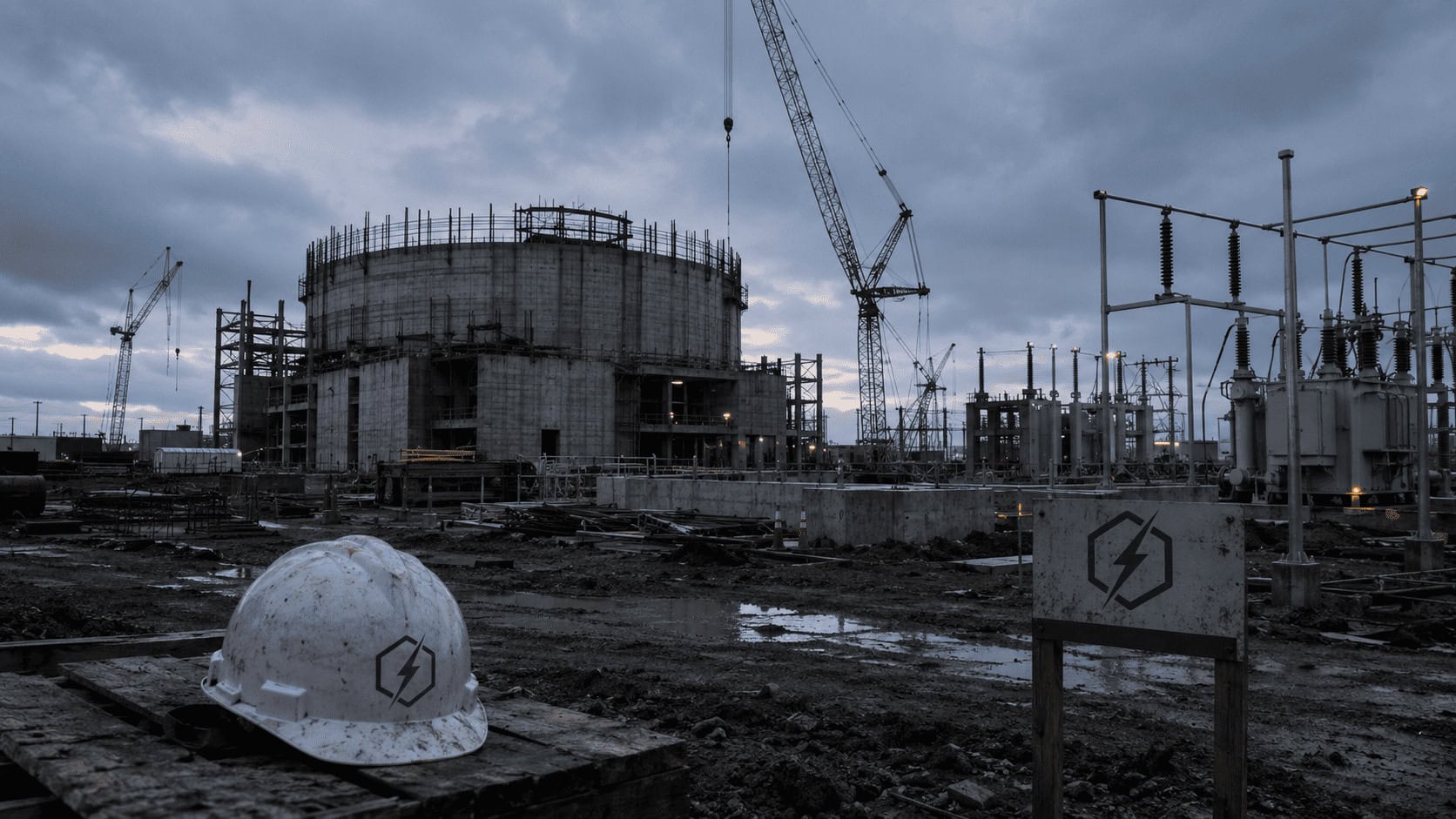 Early-stage nuclear and power plant construction site at dusk with transformers and idle cranes, illustrating AI power stocks like Oklo being repriced for undelivered future revenue