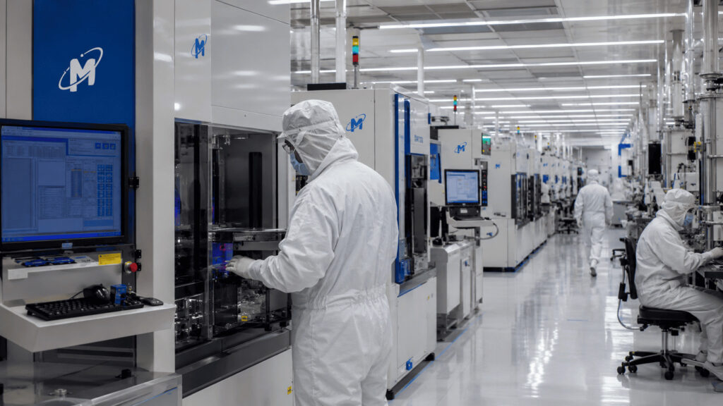 Semiconductor cleanroom production line where memory chips under long-term AI supply contracts are manufactured
