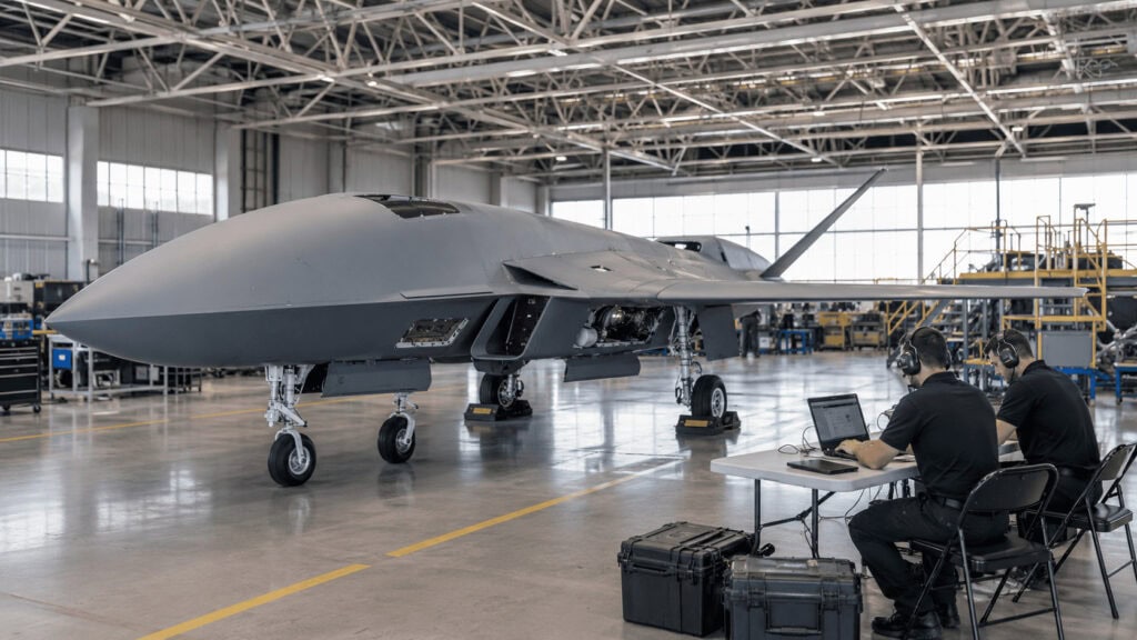 Semi-autonomous combat drone on an active production line with technicians working alongside it