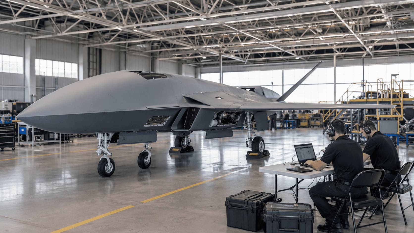 Semi-autonomous combat drone on an active production line with technicians working alongside it