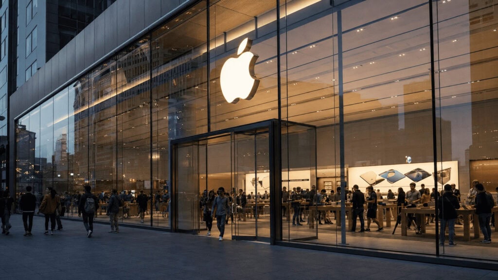 Apple Store glass storefront lit at dusk as Apple reclaims the most valuable company title
