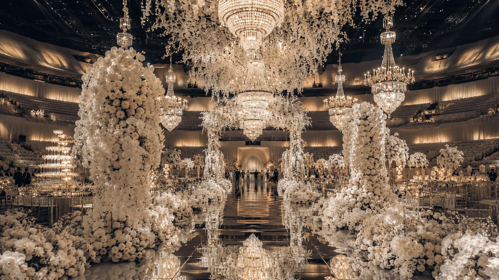 A vast arena transformed into an opulent wedding venue with silk drapery, crystal chandeliers, and thousands of white flowers, evoking a multimillion-dollar celebration.